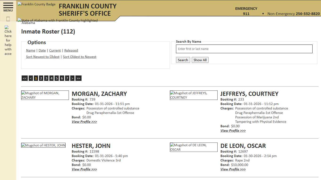 Inmate Roster - Current Inmates Booking Date Descending - Franklin County AL Sheriff's Office